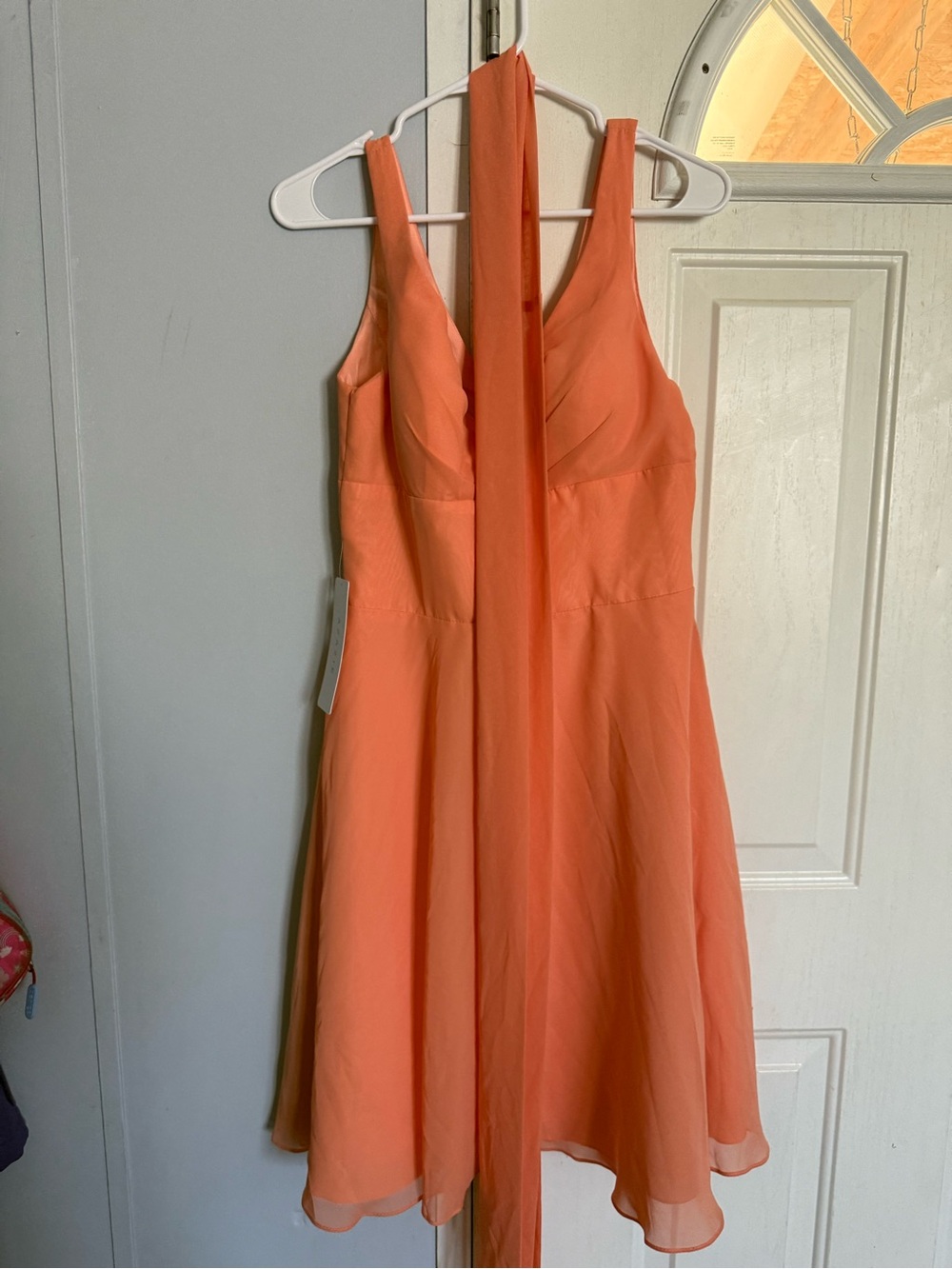 Azazie Coral Midi A-Line Dress with V-Neck